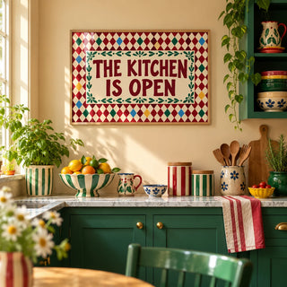 Open Kitchen Harlequin Print, framed on the wall of a colourful dopamine kitchen