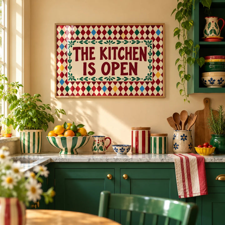 Open Kitchen Harlequin Print, framed on the wall of a colourful dopamine kitchen