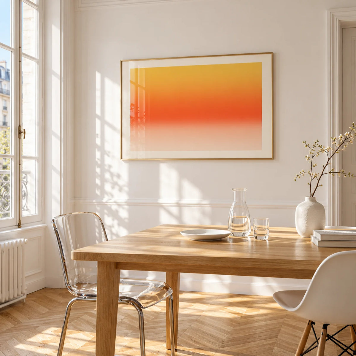 Orange Abstract Wall Art, framed on the wall of a bright dining corner