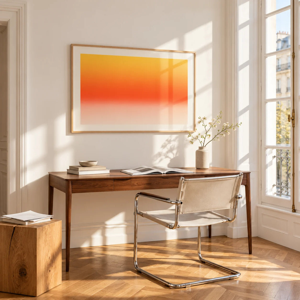 Orange Abstract Wall Art, framed on the wall of a bright study corner with a tall white paned window