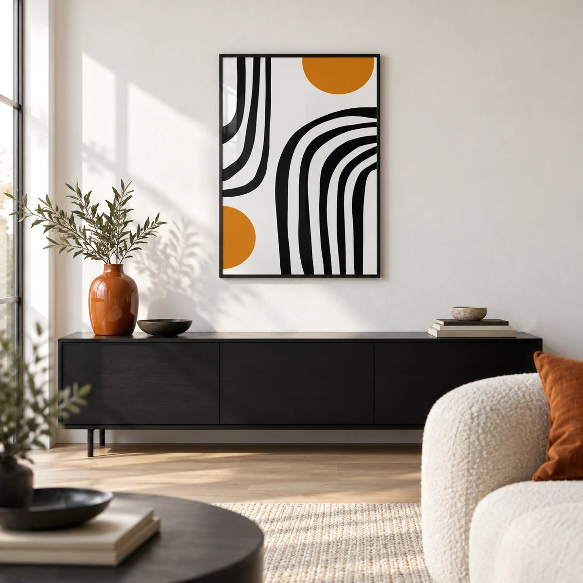 Orange and Black Wall Art, framed on the wall of a modern living room with a white wall and a pale oak floor