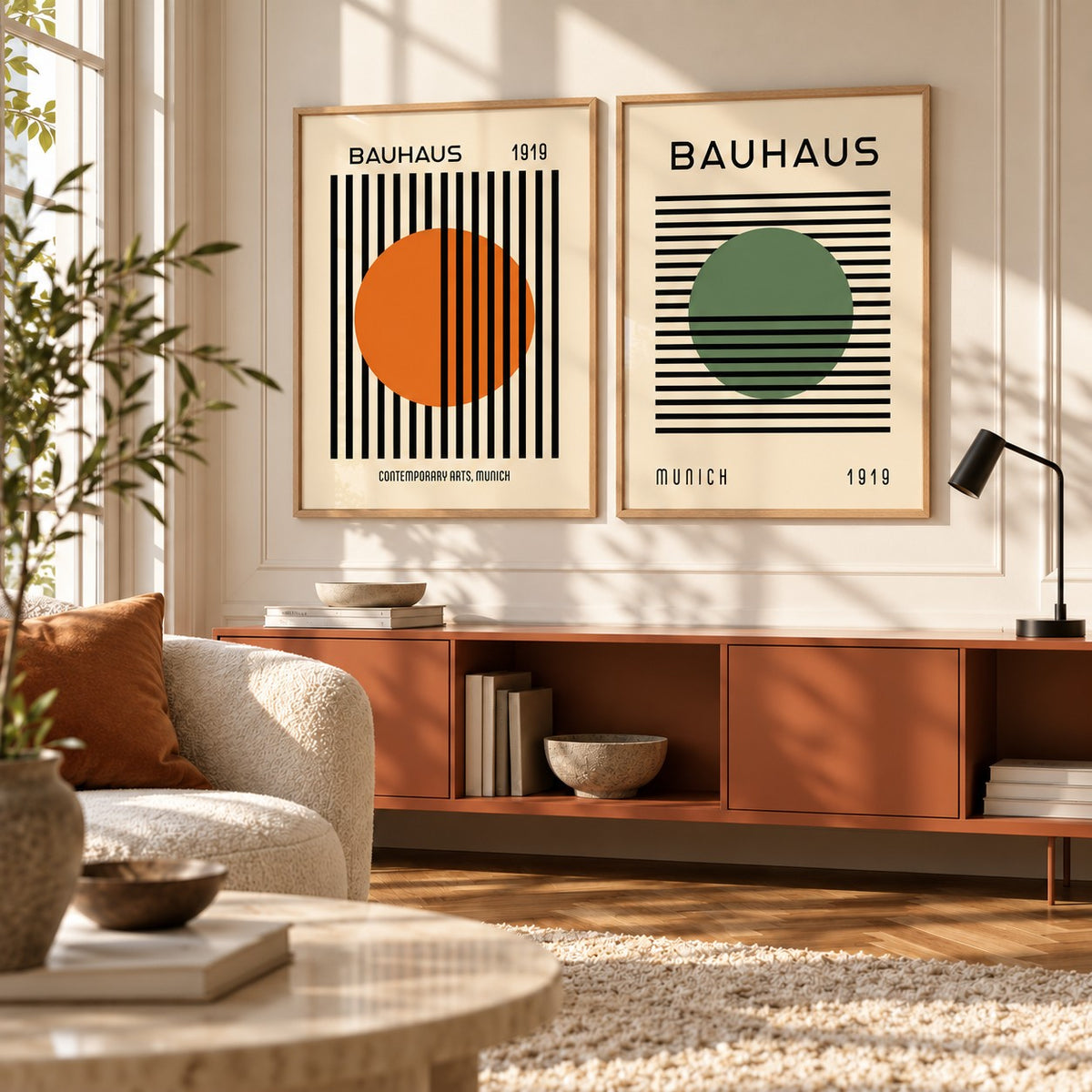 Orange and Green Wall Art Set of 2 styled above a terracotta credenza in a warm minimal room: Striped Sun and Modern Orb shown framed side by side (frames not included)