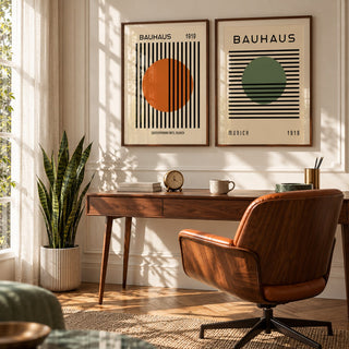 Orange and Green Wall Art Set of 2 styled above a walnut desk with a cognac leather chair in a mid-century study: Striped Sun and Modern Orb shown framed side by side (frames not included)