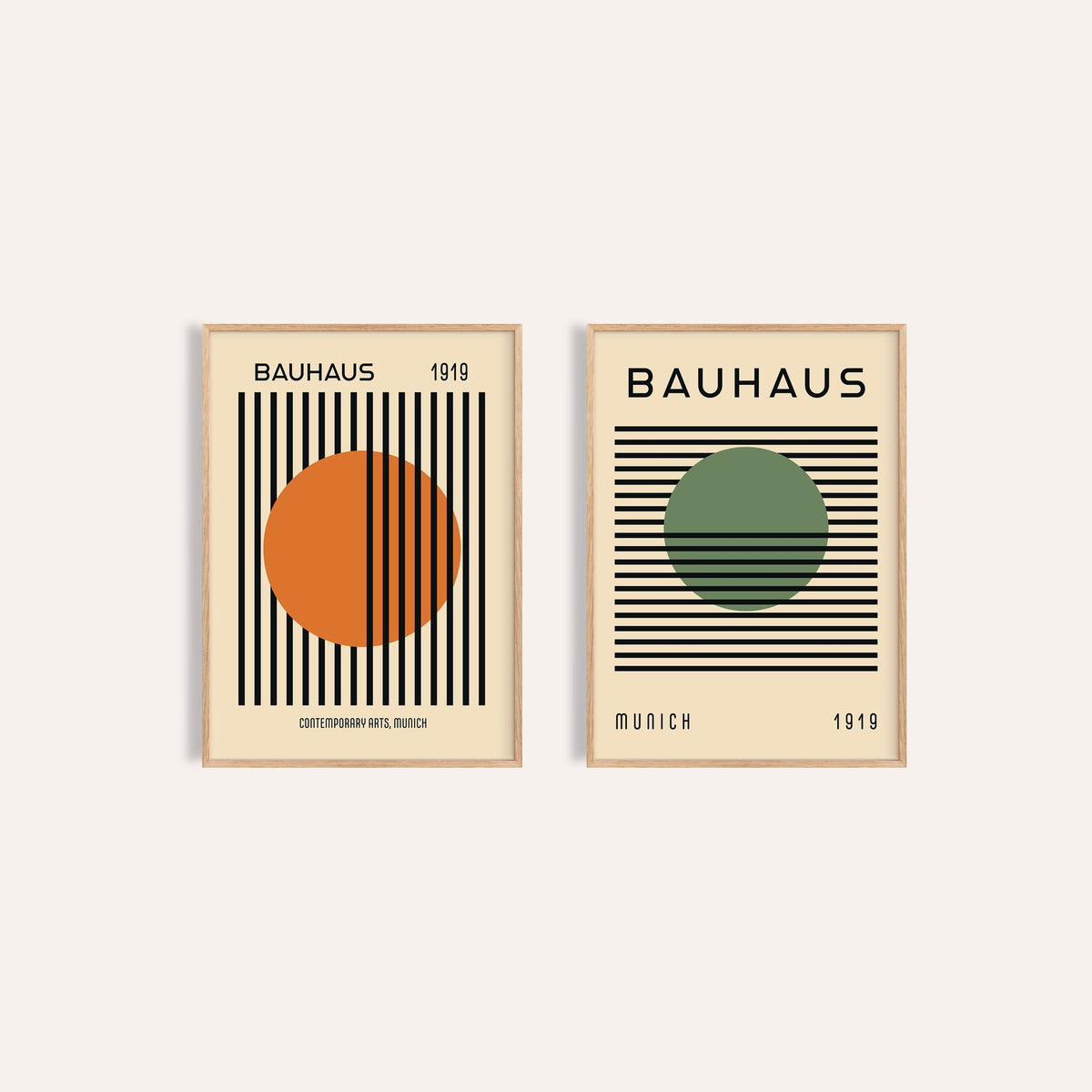 Orange and Green Wall Art Set of 2: Striped Sun and Modern Orb side by side, two separate unframed prints
