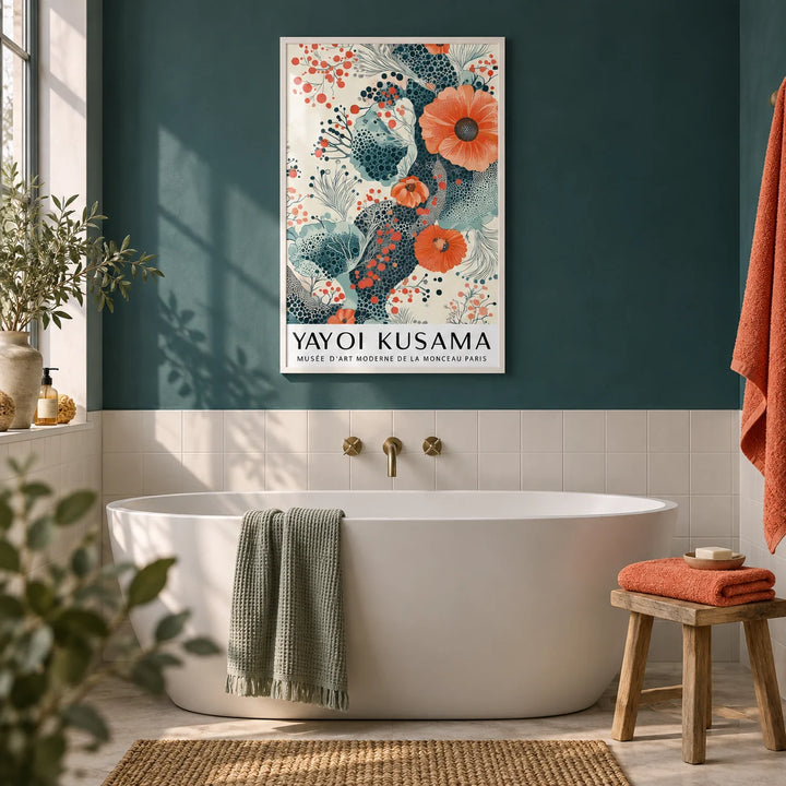 Orange and Teal Decor, framed on the wall of a calm bathroom with a deep teal plaster wall and plain white tiles below
