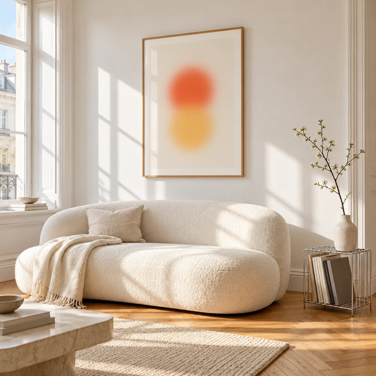 Orange and Yellow Wall Art, framed on the wall of a bright living room corner
