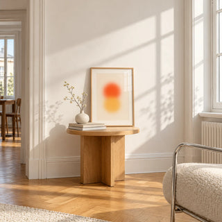 Orange and Yellow Wall Art, a small A4 framed print leaning on a small solid oak side table