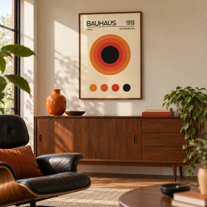 Orange Bauhaus Poster, framed on the wall of a mid-century modern living room