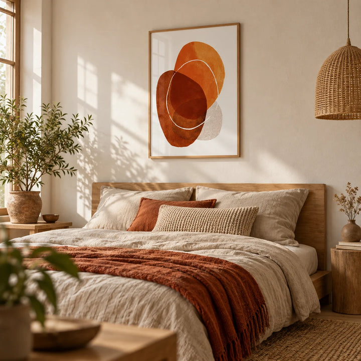 Orange Boho Art Print, framed on the wall of a calm boho bedroom