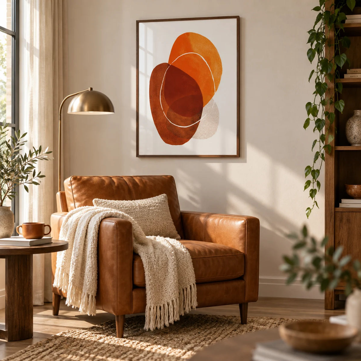 Orange Boho Art Print, framed on the wall of a reading corner in a living room