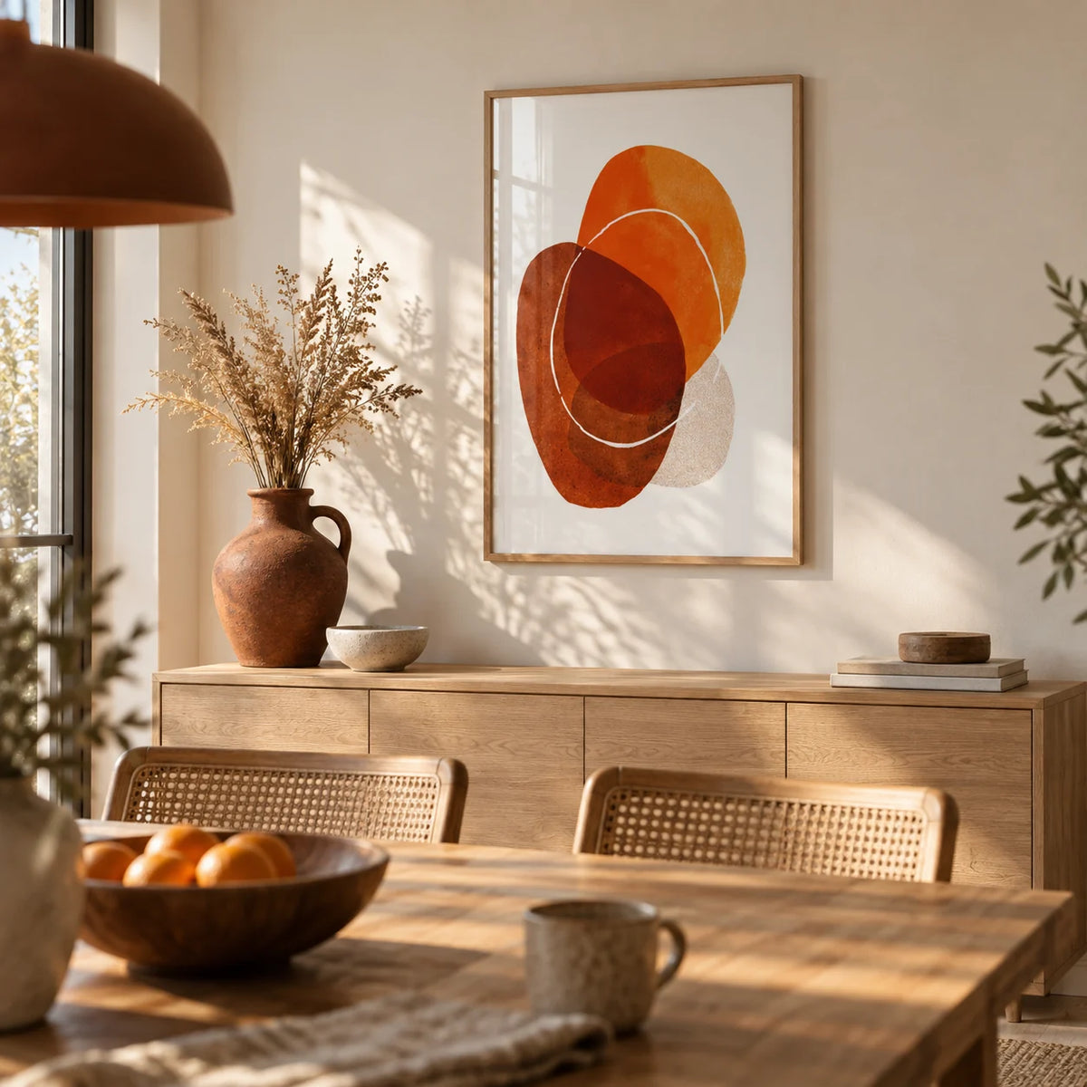 Orange Boho Art Print, framed on the wall of a warm dining room