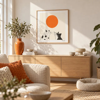 Orange Cat Art, framed on the wall of a bright Scandinavian living room