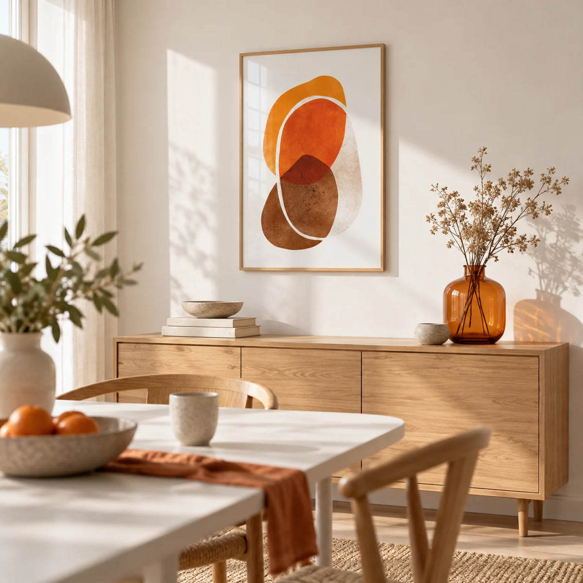 Orange Shapes Art Print, framed on the wall of a bright Scandinavian dining room