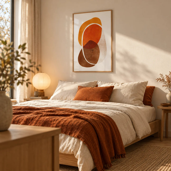 Orange Shapes Art Print, framed on the wall of a calm warm bedroom