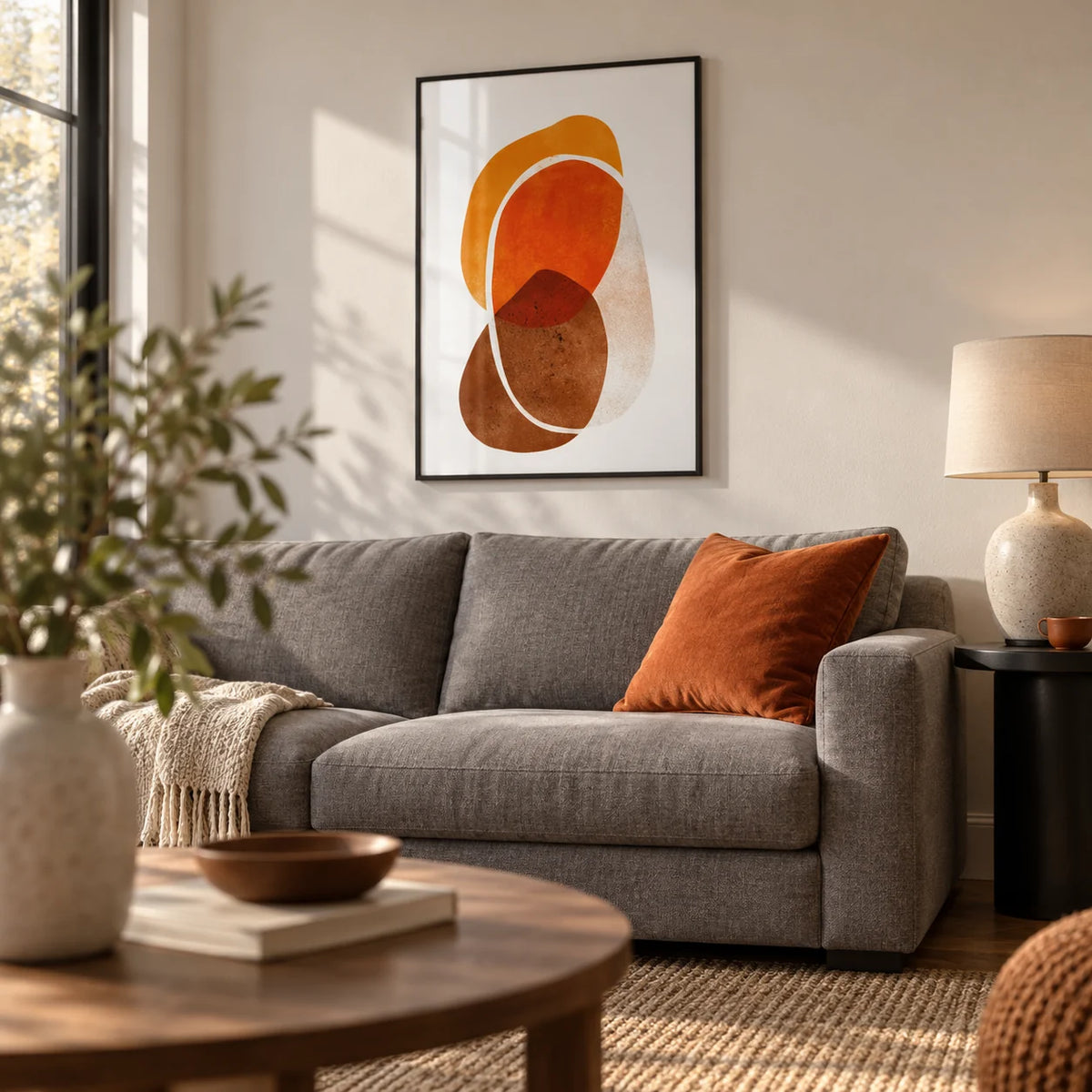 Orange Shapes Art Print, framed on the wall of a modern living room