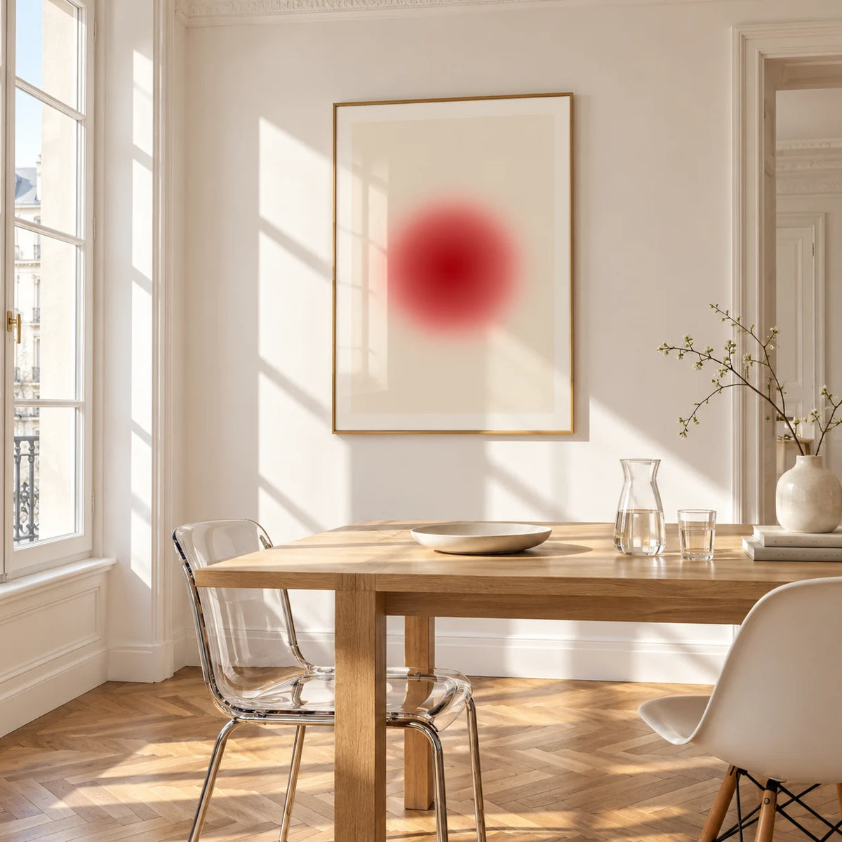 Orb Print, framed on the wall of a bright dining corner