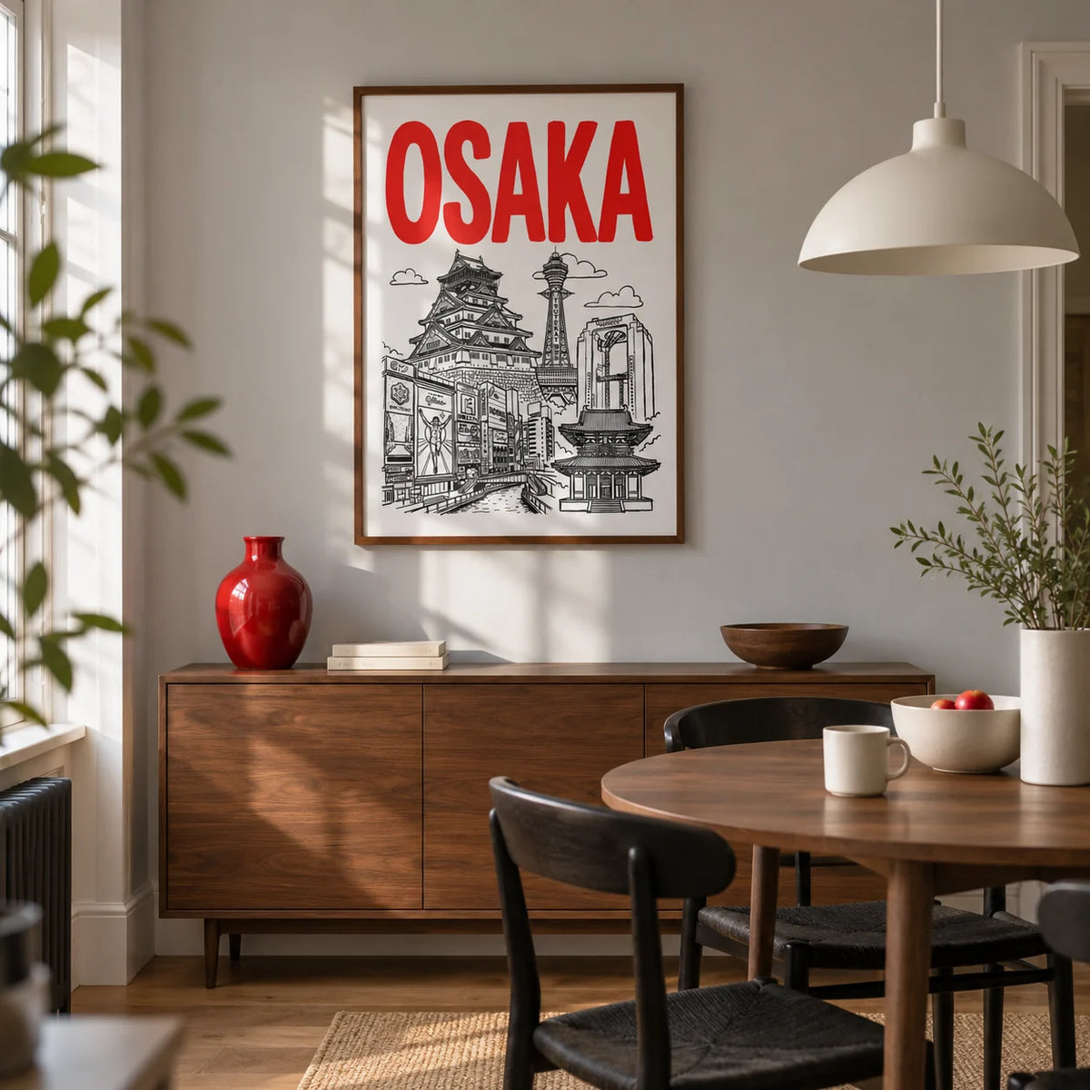 Osaka City Print, framed on the wall of a compact contemporary dining room in a renovated UK terrace with a pale grey wall