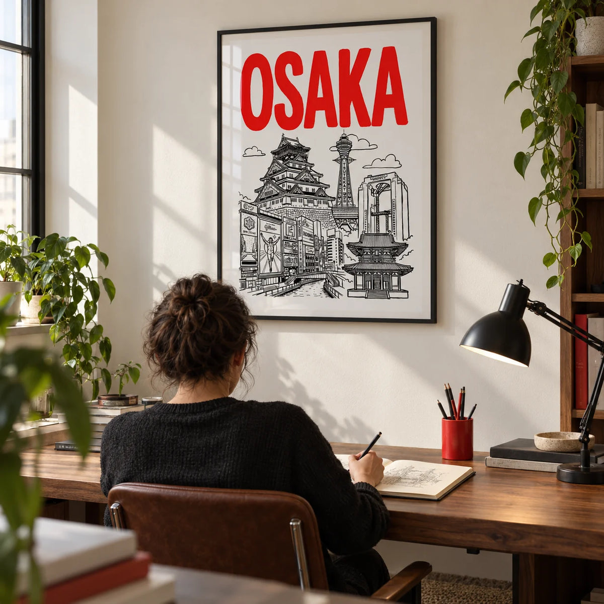 Osaka City Print, framed on the wall of a design-minded home study in a UK flat with a warm white wall and a wide walnut desk