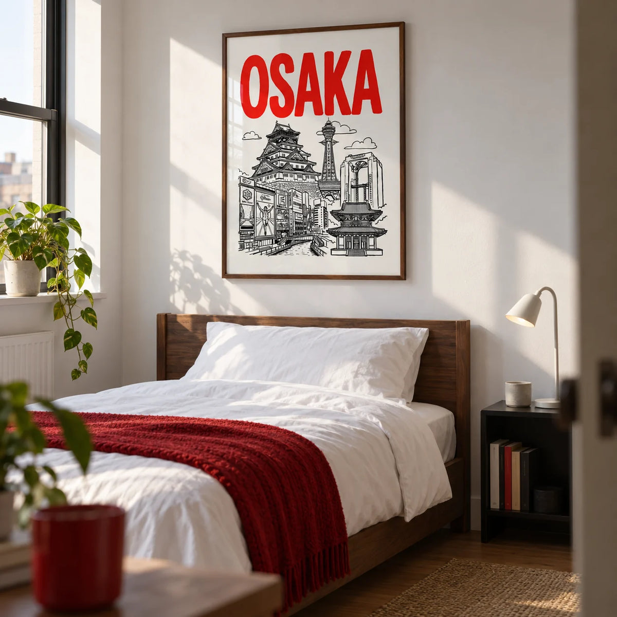 Osaka City Print, framed on the wall of a modern bedroom for a young adult aged 22-30 in a UK first flat with a white wall