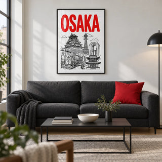 Osaka City Print, framed on the wall of a modern living room in a UK city flat with a white wall