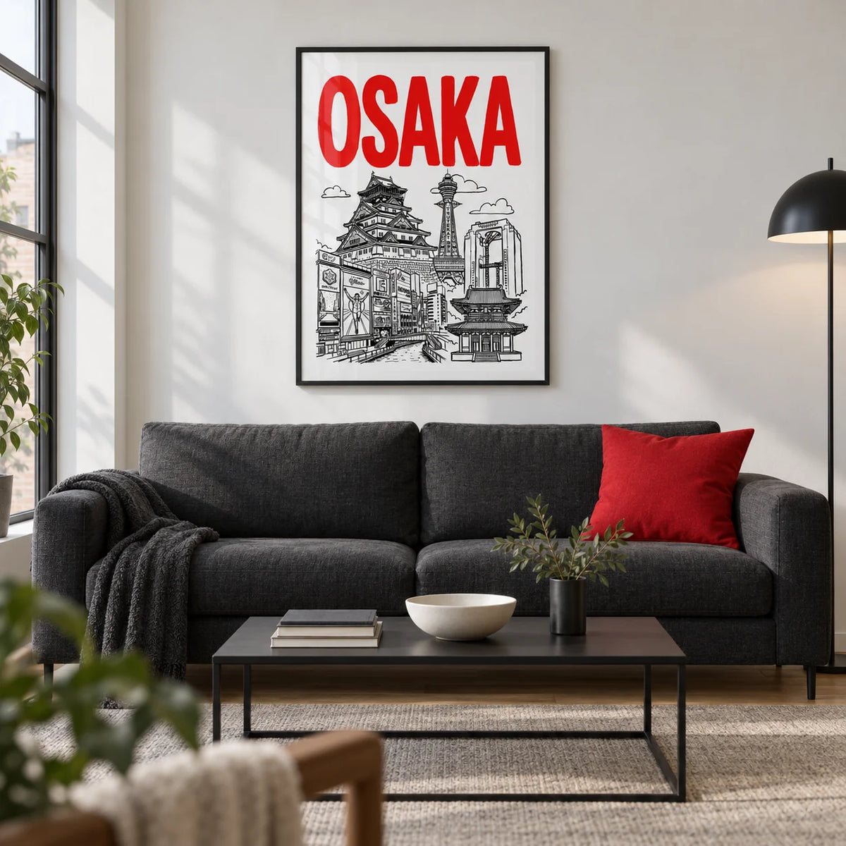 Osaka City Print, framed on the wall of a modern living room in a UK city flat with a white wall