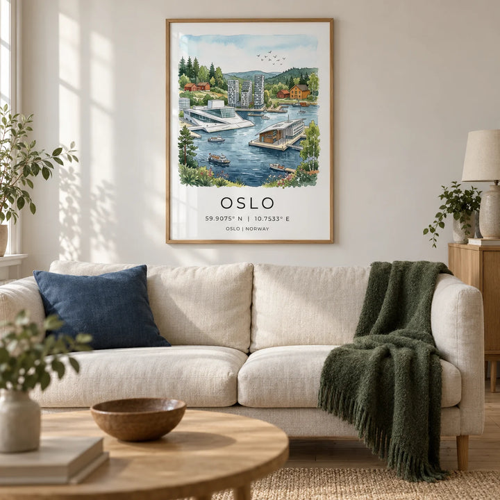 Oslo City Art Print, framed on the wall of a light Scandinavian living room in a UK city flat with warm white walls and oak floorboards