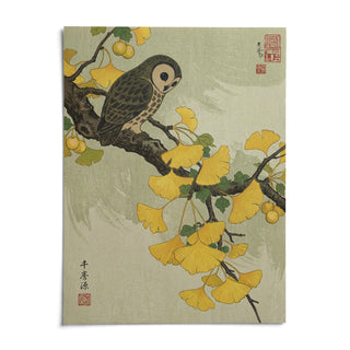Owl and Ginkgo Print, shown as an unframed paper print on a plain white background