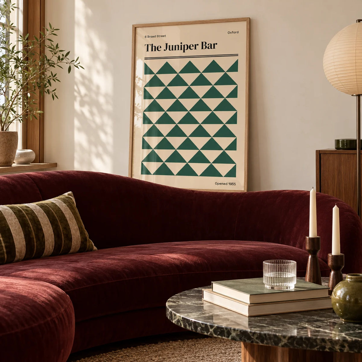 Oxford Print, framed on the wall of a calm living room with a warm white wall