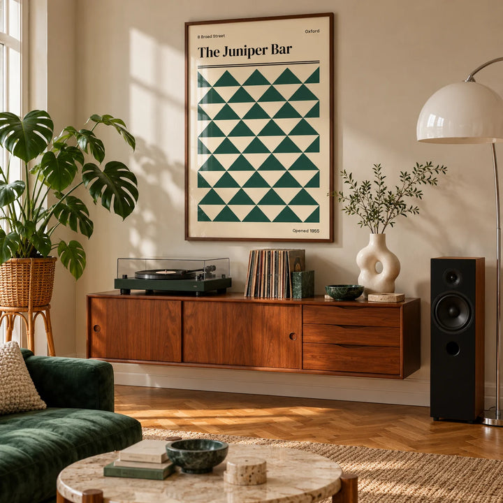 Oxford Print, framed on the wall of a living room with herringbone parquet