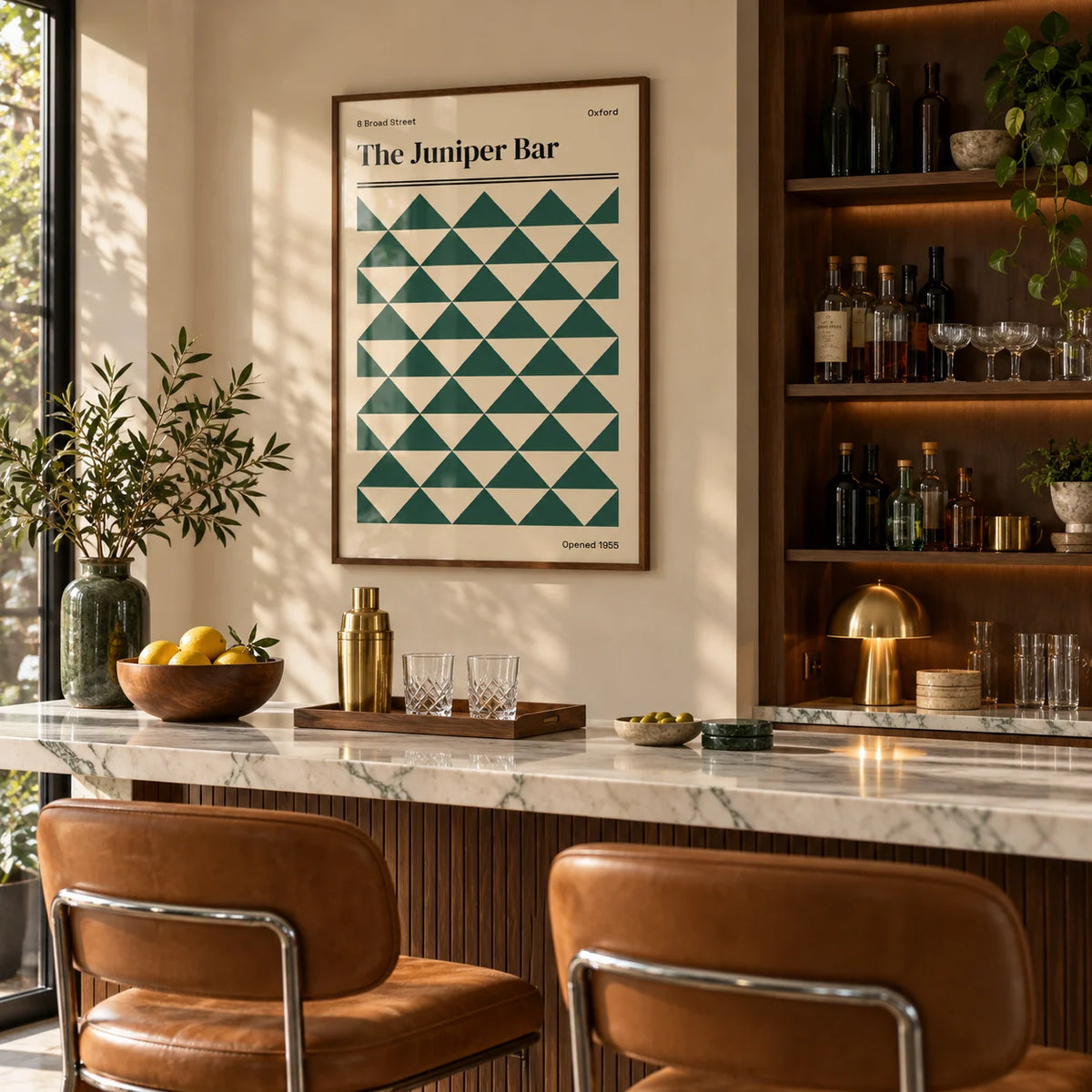 Oxford Print, framed on the wall of a stylish home bar in a living room