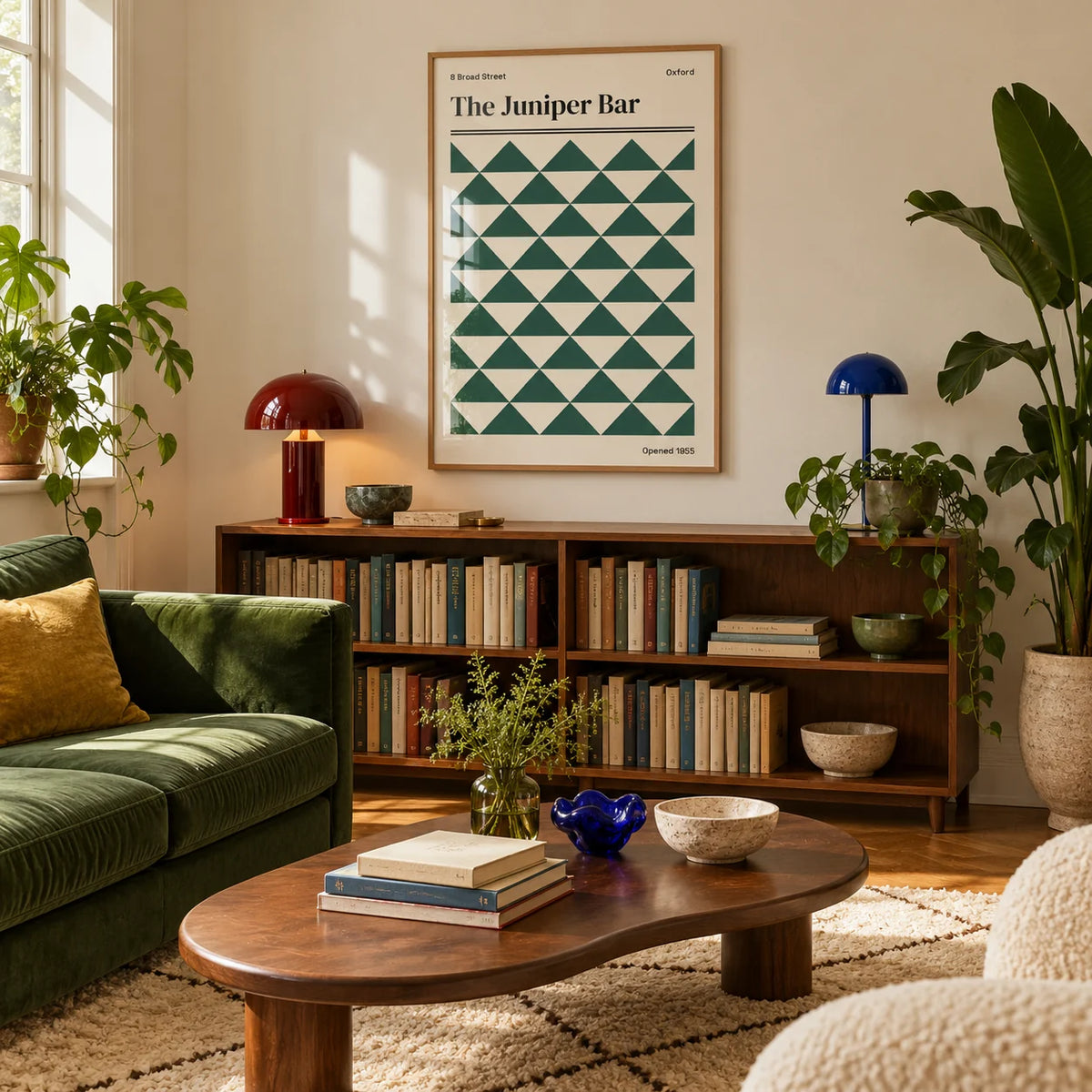 Oxford Print, framed on the wall of a warm mid-century living room