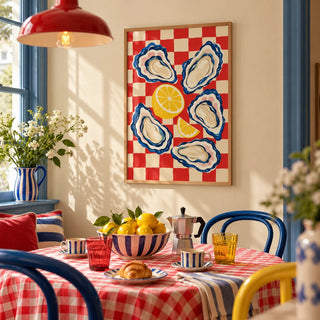 Oyster Print, framed on the wall of a bright breakfast nook in a kitchen