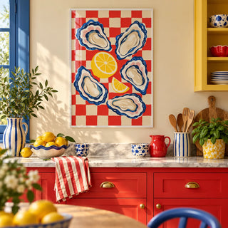 Oyster Print, framed on the wall of a colourful dopamine kitchen