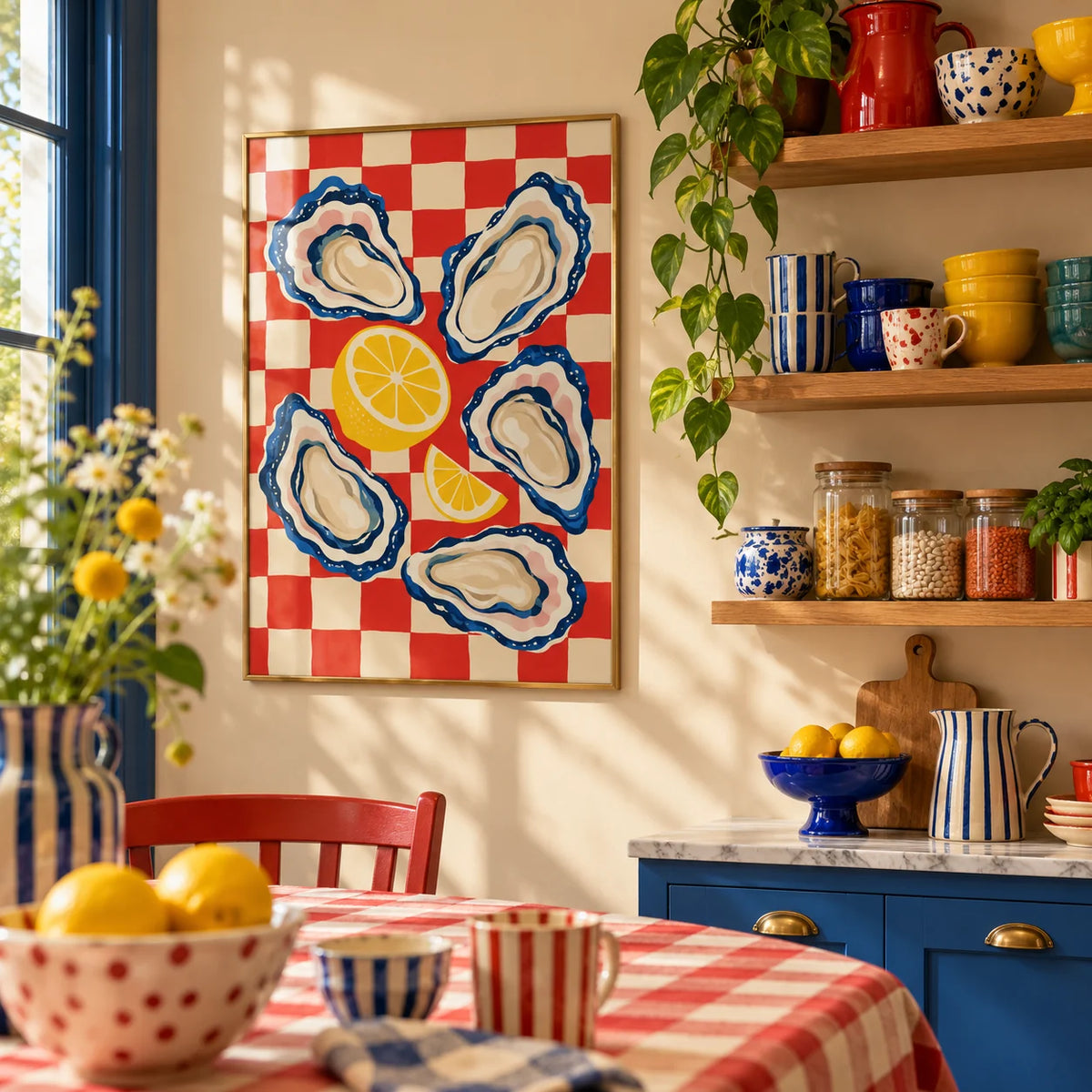 Oyster Print, framed on the wall of a fun kitchen corner