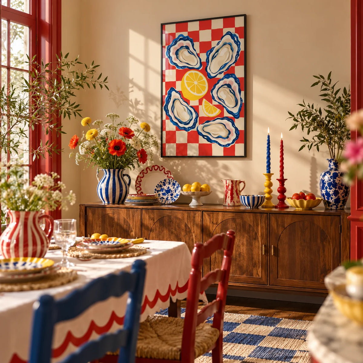 Oyster Print, framed on the wall of a maximalist dining room