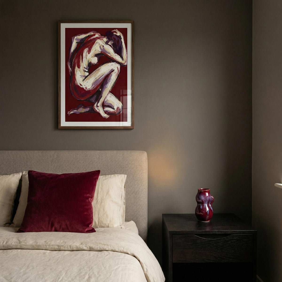 Bedroom with a painting of a female figure on the wall above a bed