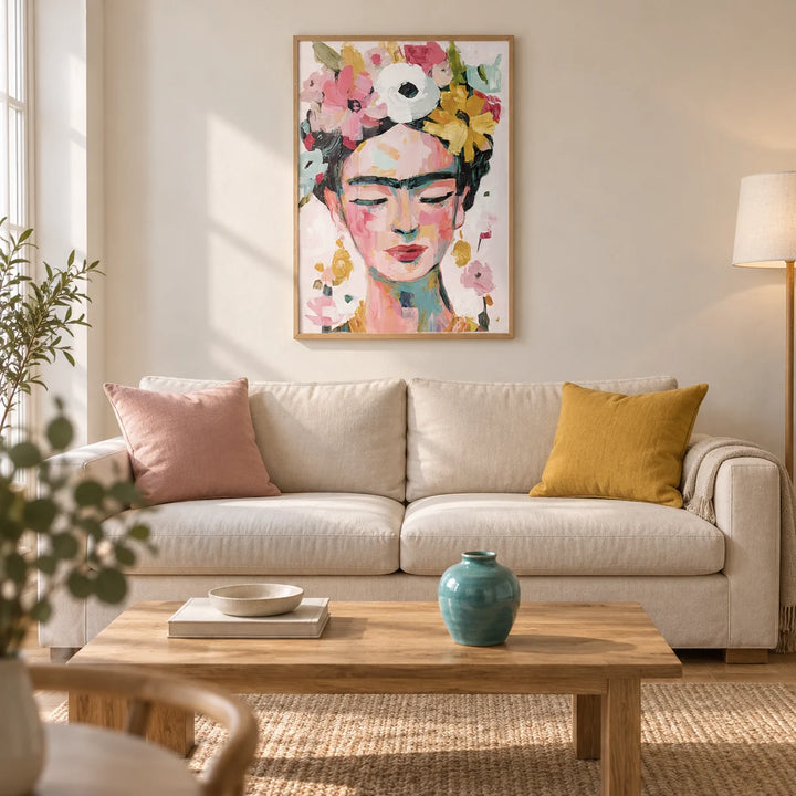 Paintings of Frida Kahlo, framed on the wall of a contemporary living room in a UK terrace with warm white plaster walls and an oak floor