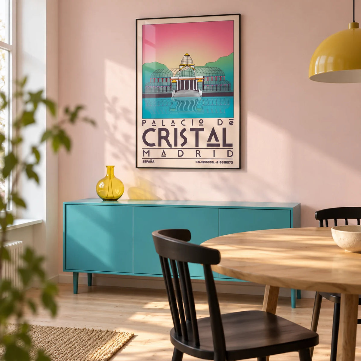 Palacio De Cristal Print, framed on the wall of a bright dining corner in a design-conscious UK city flat with a pale pink wall and pale timber floor