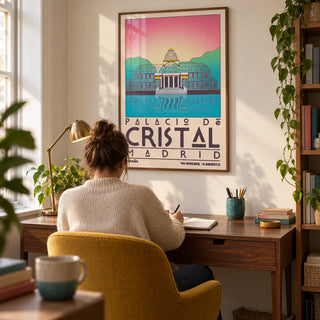 Palacio De Cristal Print, framed on the wall of a compact home study in a UK flat with a warm white wall and a mustard yellow upholstered desk chair