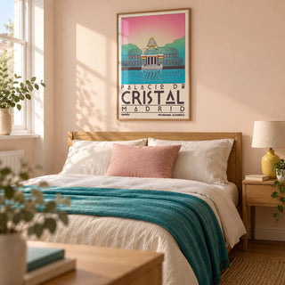 Palacio De Cristal Print, framed on the wall of a contemporary double bedroom in a UK home with a pale peach wall