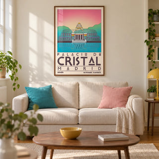 Palacio De Cristal Print, framed on the wall of a contemporary living room in a UK terraced home with warm cream walls and an oak floor
