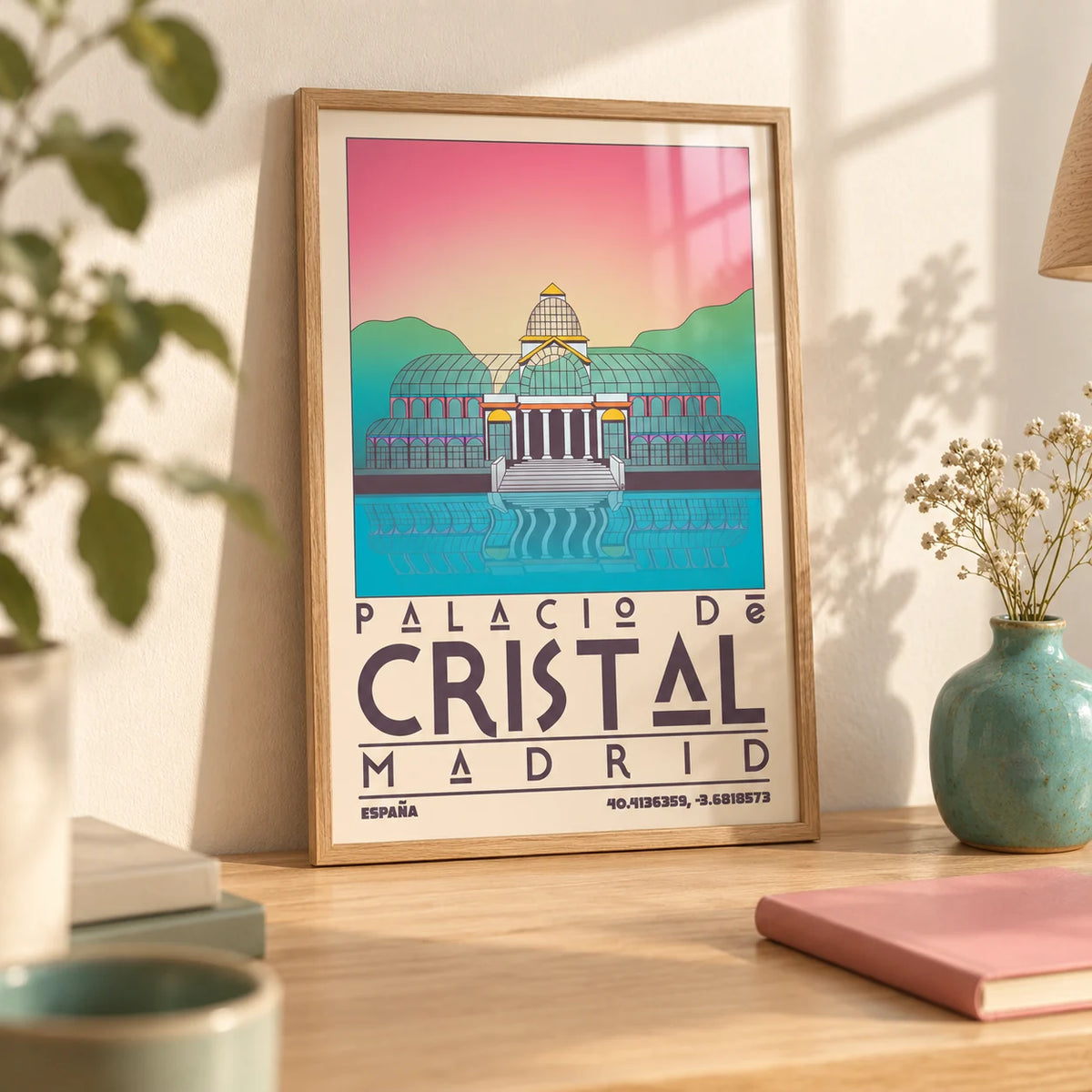 Palacio De Cristal Print, a small A4 framed print leaning on a pale oak desk