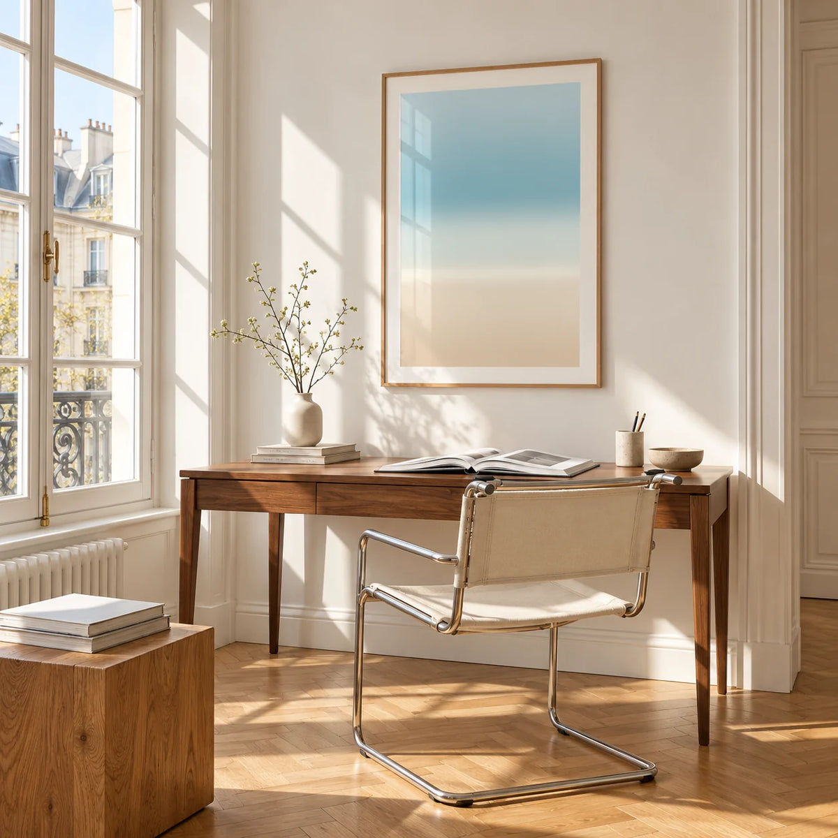 Pale Blue Wall Art, framed on the wall of a bright study corner with a tall white paned window