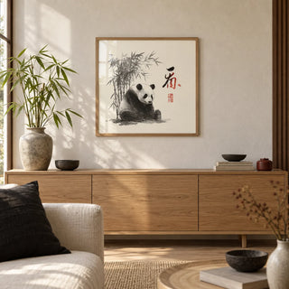 Panda Art Print, framed on the wall of a calm Japandi living room with a warm white limewashed wall