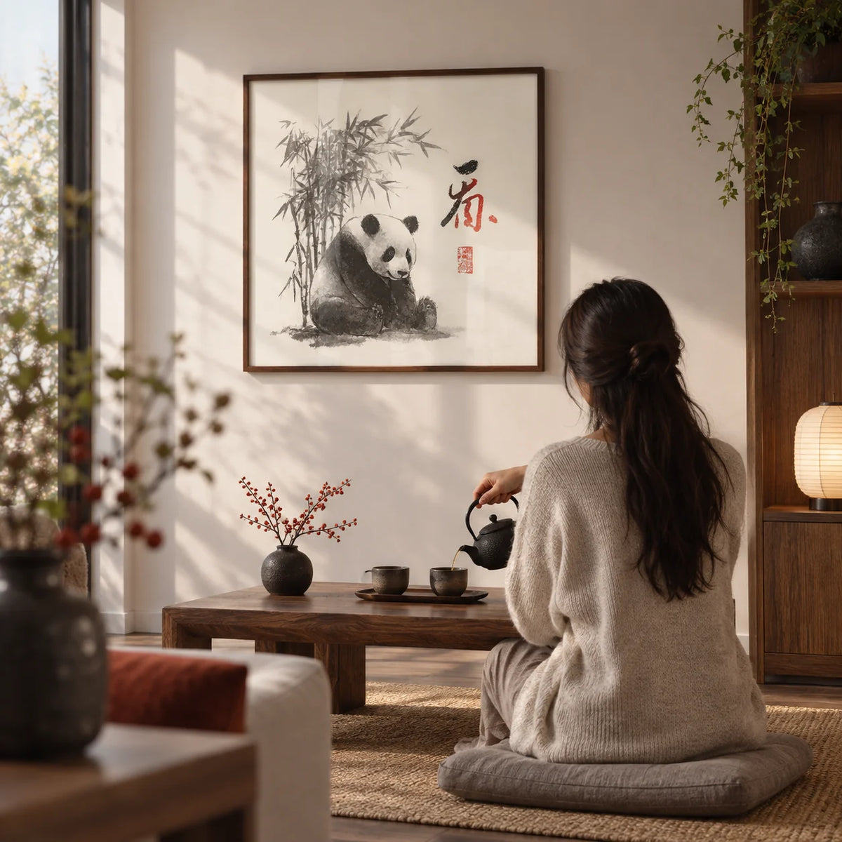Panda Art Print, framed on the wall of a quiet tea corner in a living room