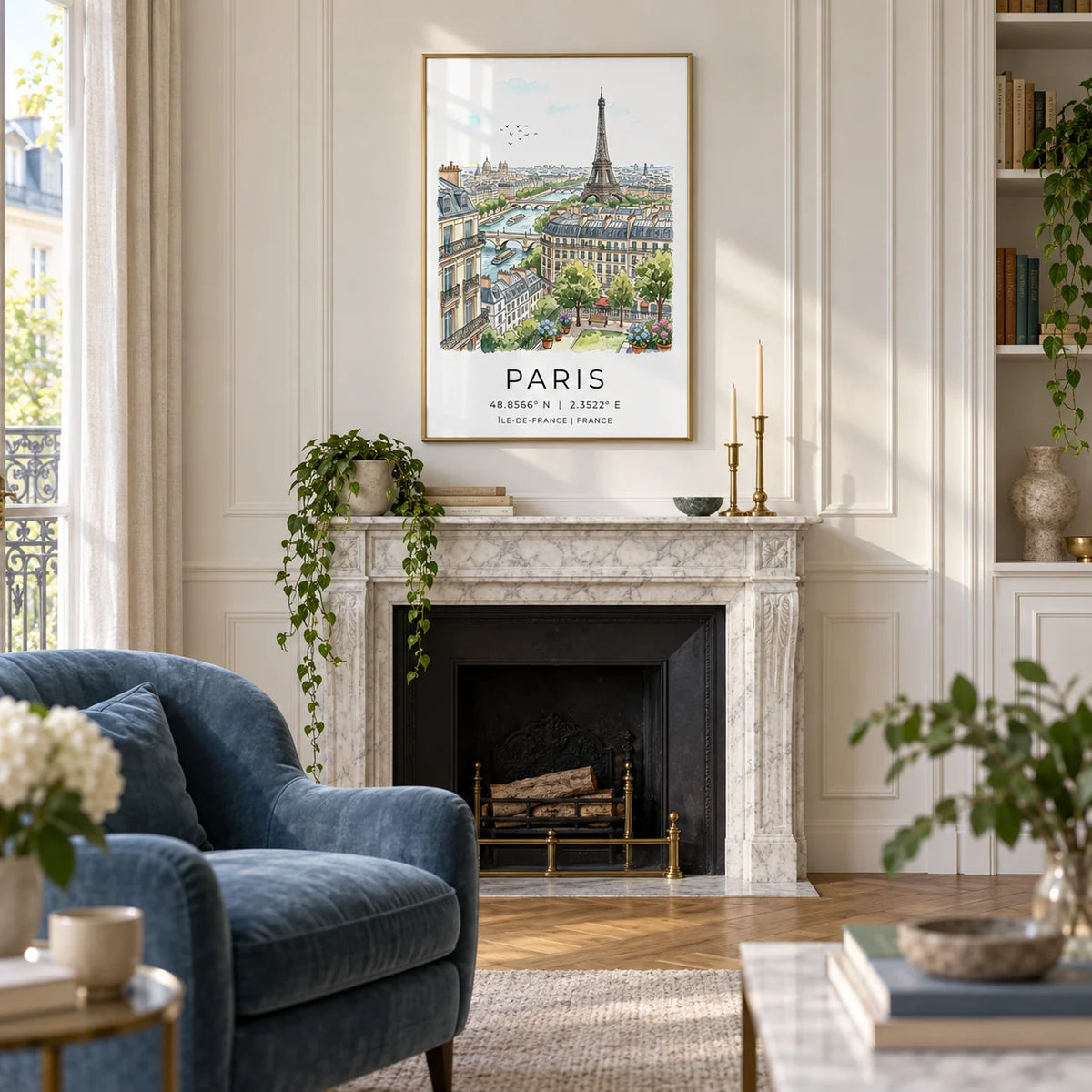 Paris Cityscape Art Print, framed on the wall of a Parisian-style living room with white panelled walls and an oak herringbone floor