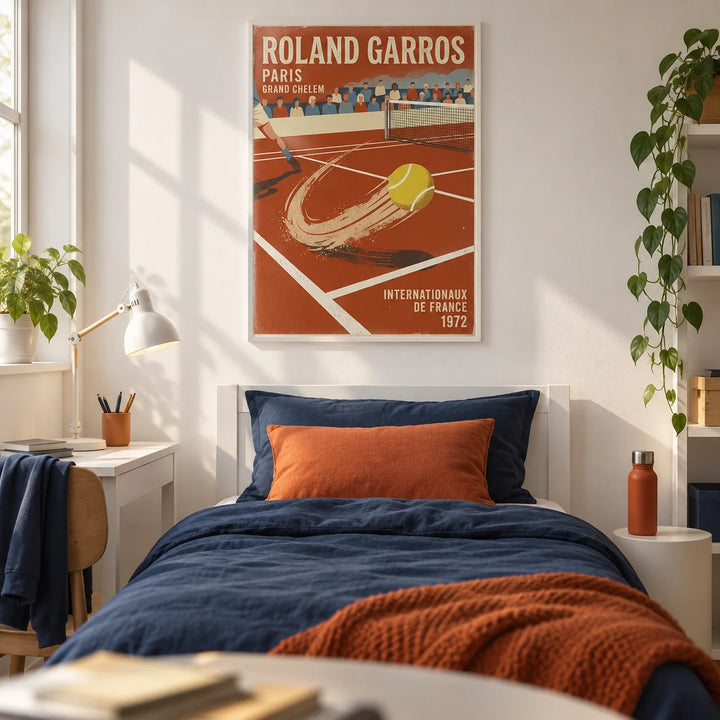 Paris Clay Court Tennis Print, framed on the wall of a smart single bedroom for a teen (13-17) with a white wall