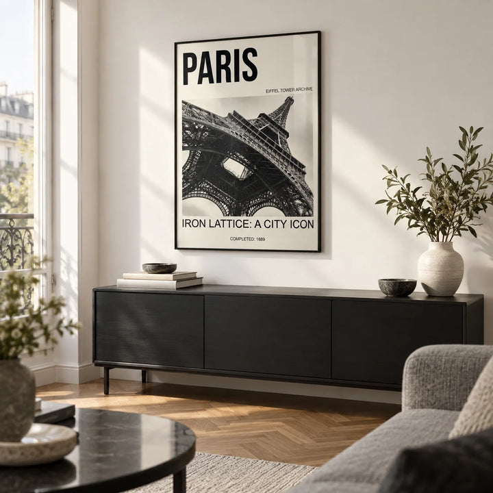 Paris Eiffel Tower Print, framed on the wall of a crisp city-flat living room