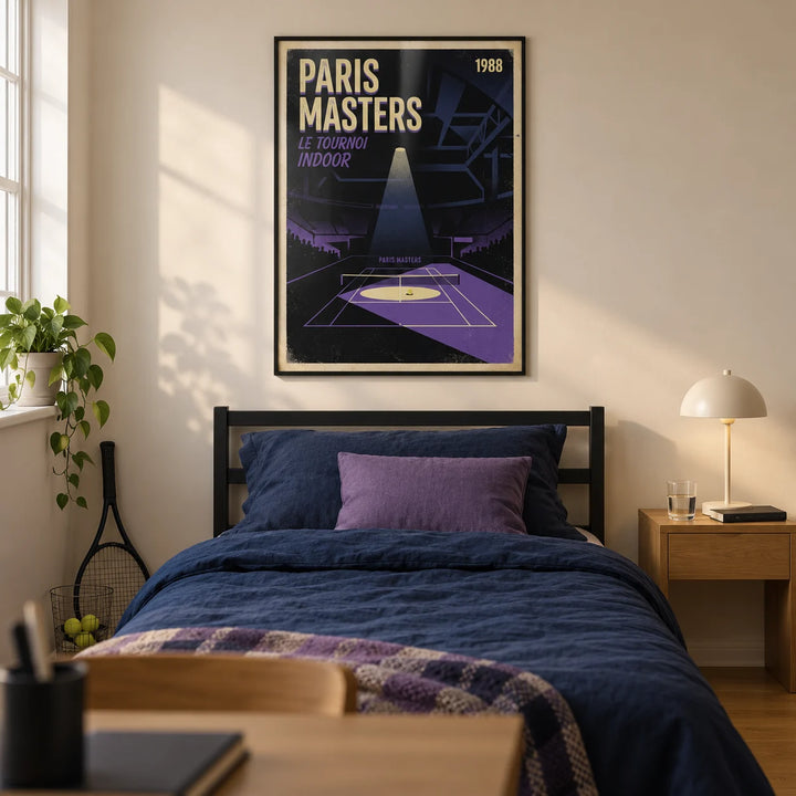 Paris Masters Art Print, framed on the wall of a modern tennis-loving teenager's single bedroom (13-17) in a UK family home with a warm cream wall and oak floor