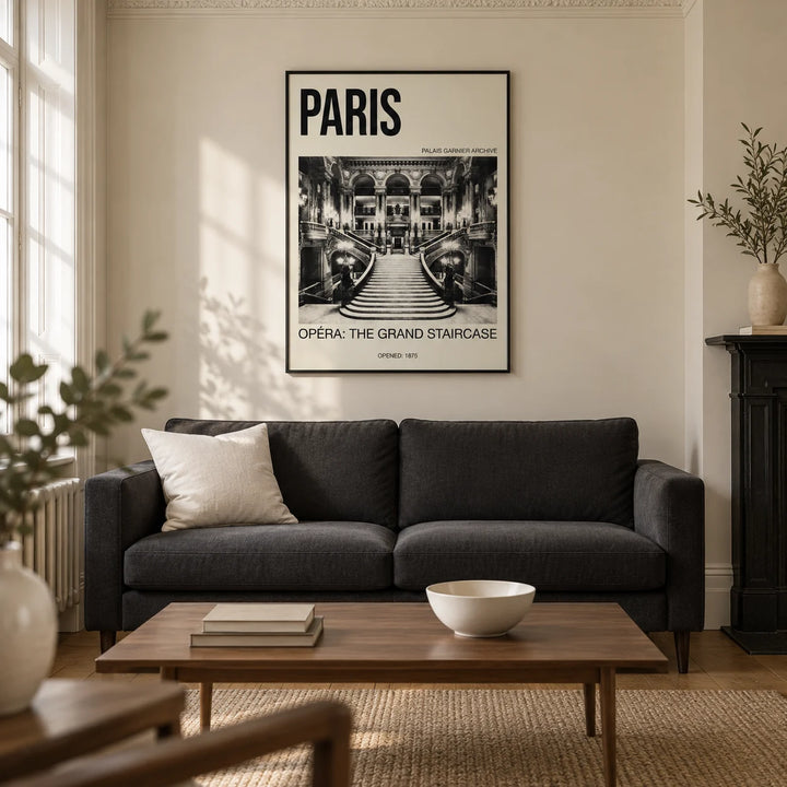 Paris Opera Art Print, framed on the wall of a refined living room in a UK Victorian terrace with warm ivory walls